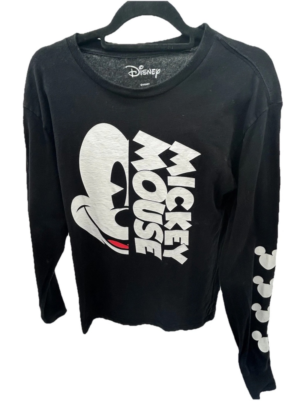 Disney Black Long Sleeve Mickey Mouse Graphic Tee with White Print